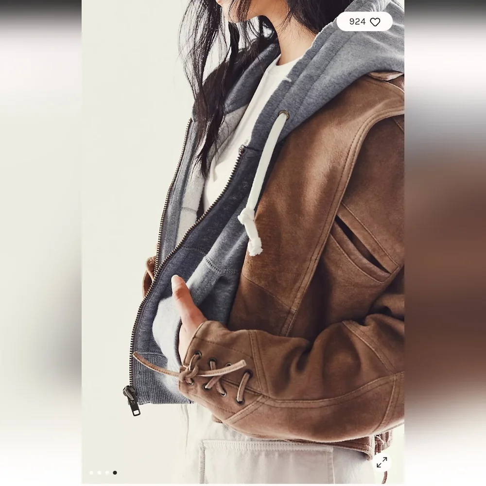 Free People Brown Suede Cropped Leather Jacket with Gray Hooded Liner